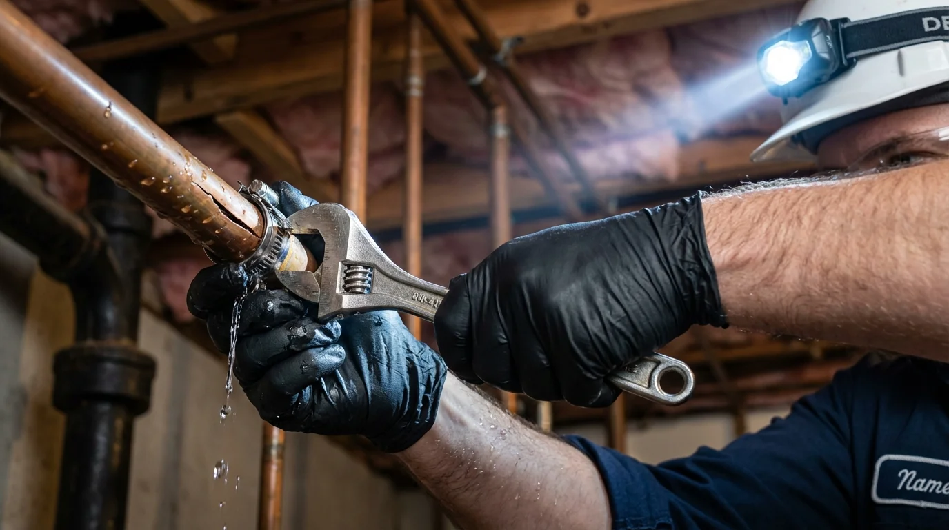 Emergency pipe clamp repair being performed by a Johns Plumbing LLC plumber in Maynardville