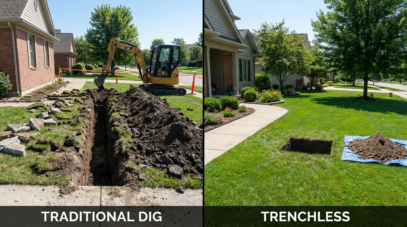 Trenchless sewer repair with minimal yard damage versus traditional excavation in Maynardville, TN