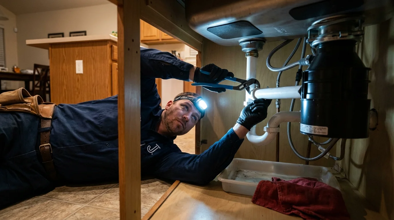 P-trap and supply line connections under a kitchen sink showing a common leak point in Maynardville, TN